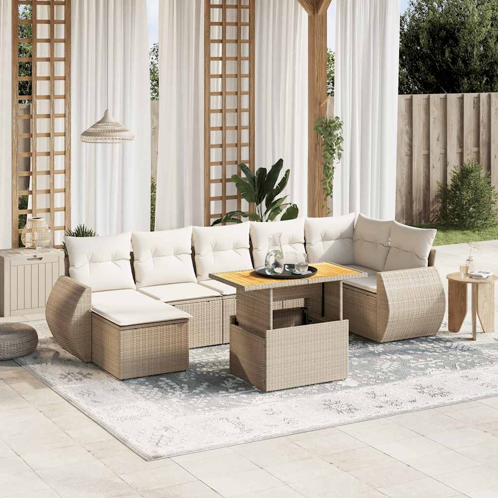 8-tlg. Garten-Sofagarnitur mit Kissen Beige Poly Rattan